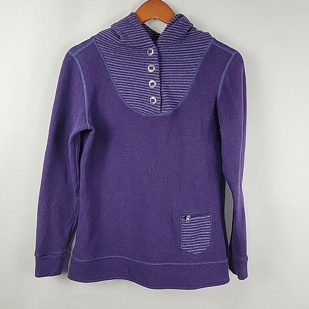 KUHL Chanti Fleece Wool Blend Sweater Women Small Purple Striped Hoodie Pullover